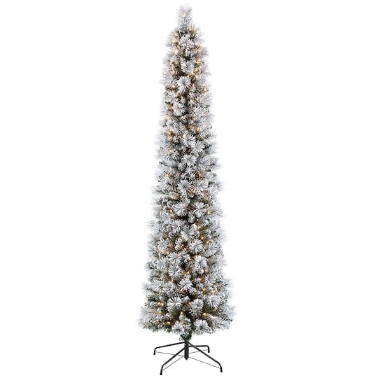 7.5Ft Pre-Lit Flocked Portland Pine Slim Artificial Christmas Tree, Clear Lights By Puleo International in Green | 7.5 ft | Michaels®